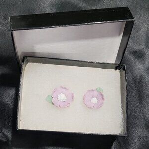 Porcelain Pink Violet Dogwood Small Flower Stud Earrings England Unglazed Matte